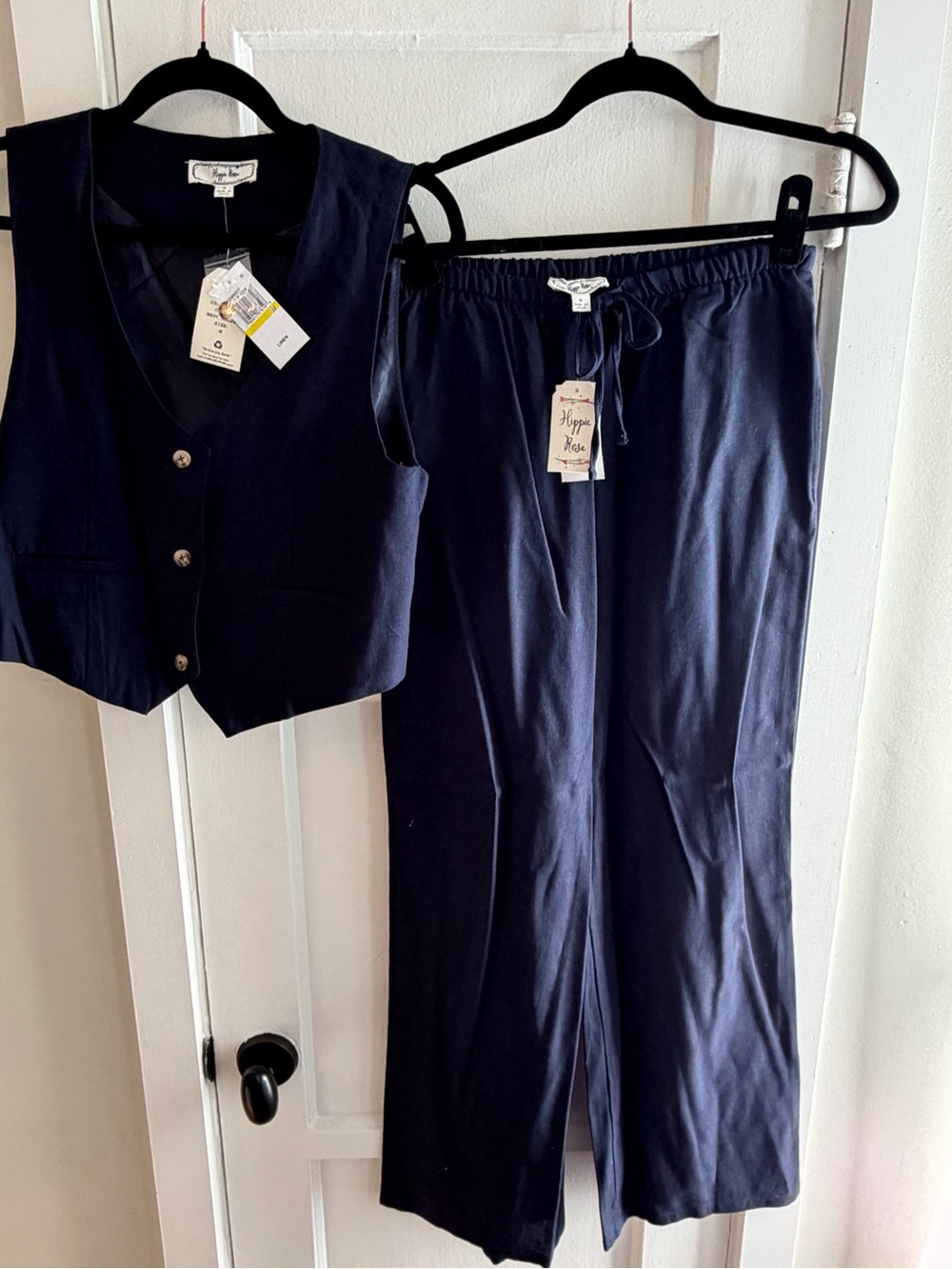Hippie Rose Juniors’ Navy Linen Vest and Drawstring Wide-Leg Pants